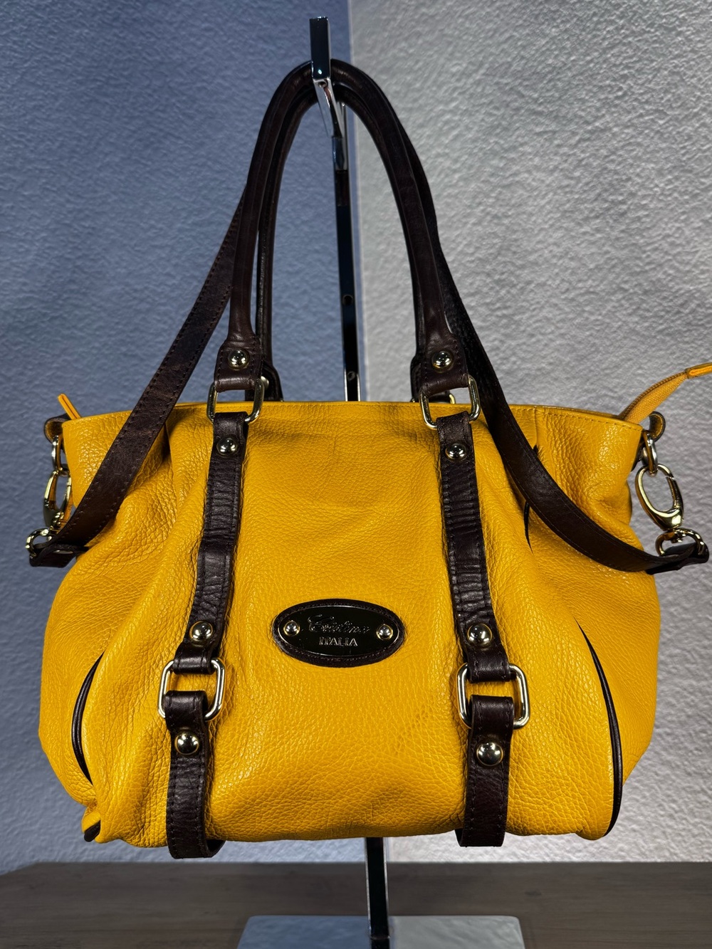 Cristina Italy Pebble Leather Boho Satchel Turmeric Espresso Gold Hardware